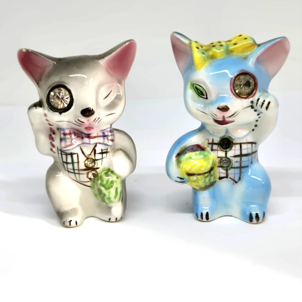 Vtg Kitsch Lefton Cat Detective Gem Eye Anthropopmorpic Salt & Pepper Shakers